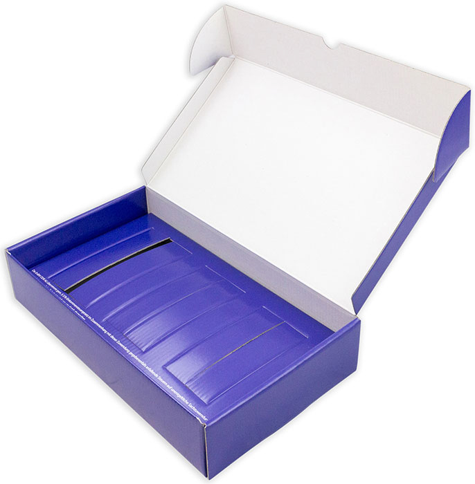 Krempelverpackung ueberzogen blau aus Wellpapp Karton